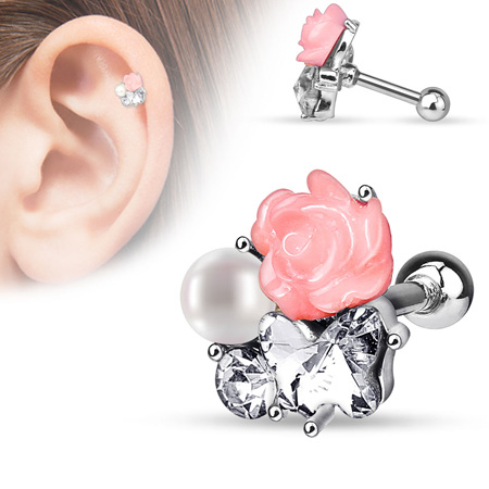 CZ, Pearl and Flower Cluster Cartilage/Tragus Bar