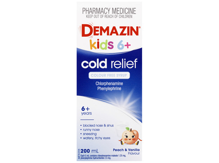 Demazin Kids 6+ Cold Relief Colour Free Syrup Peach & Vanilla Flavour 200mL