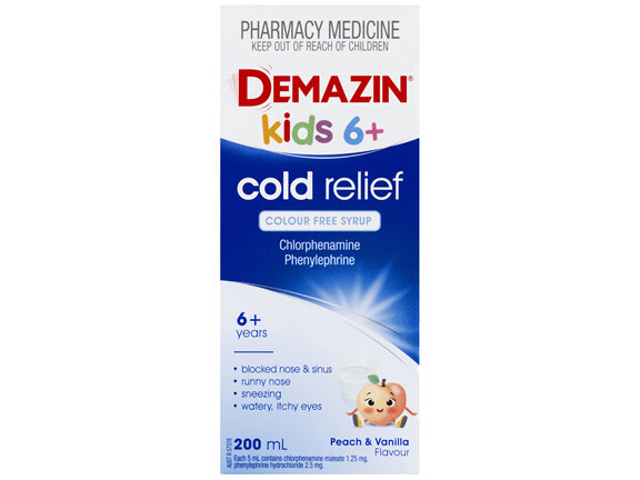 Demazin Kids 6+ Cold Relief Colour Free Syrup Peach & Vanilla Flavour 200mL