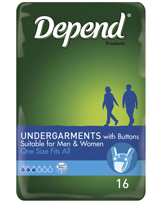 Depend Undergarments with Buttons, Unisex, One Size Fits All, 16 Pack
