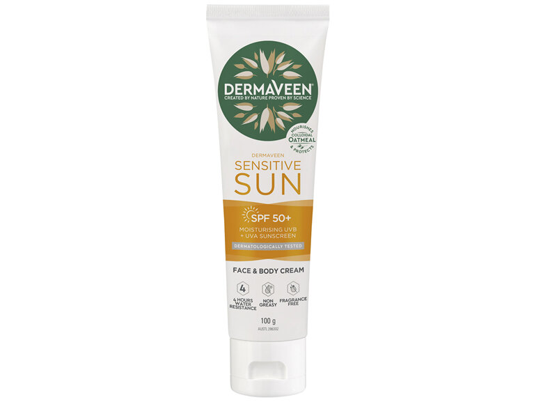 DermaVeen Sensitive Sun SPF 50+ Moisturising UVB + UVA Sunscreen Face & Body Cream 100g