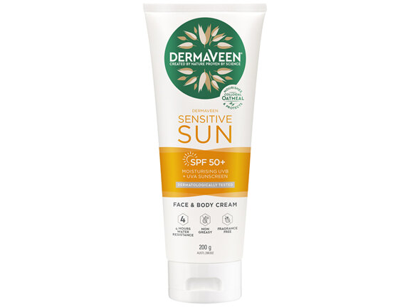 DermaVeen Sensitive Sun SPF 50+ Moisturising UVB + UVA Sunscreen Face & Body Cream 200g