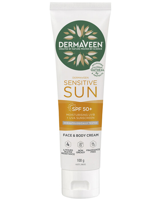 DermaVeen Sensitive Sun SPF 50+ Moisturising UVB + UVA Sunscreen Face & Body Cream 100g