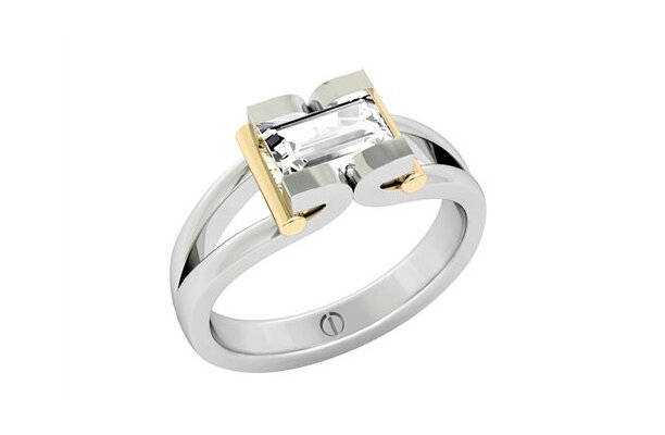 Designer baguette cut diamond platinum and gold engagement ring