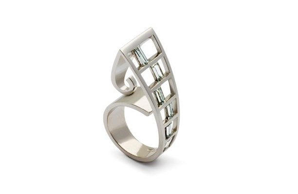 Designer baguette cut white gold contemporary diamond dress ring