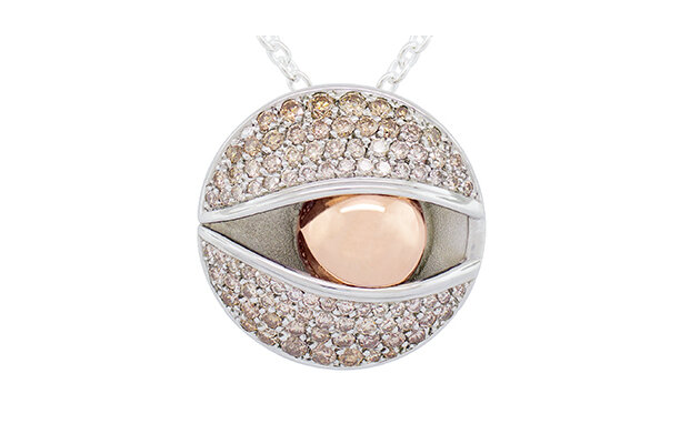 Designer coloured diamond sterling silver and rose gold detailed pendant
