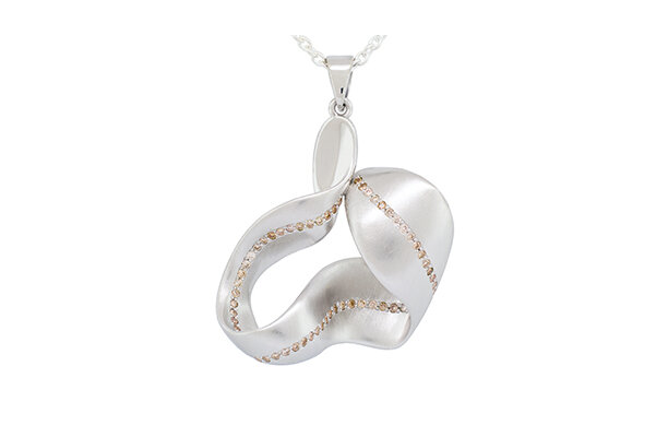 Designer coloured diamond sterling silver and rose gold contoured leaf pendant