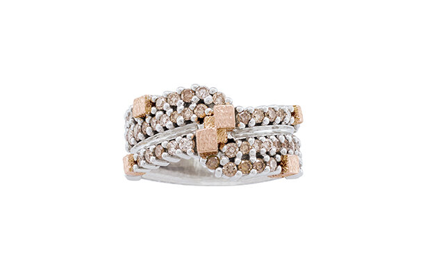 Designer coloured diamond sterling silver and rose gold ring