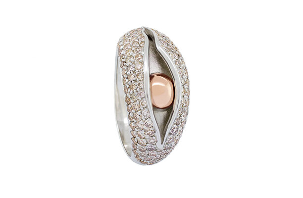 Designer coloured diamond sterling silver and rose gold dress ring
