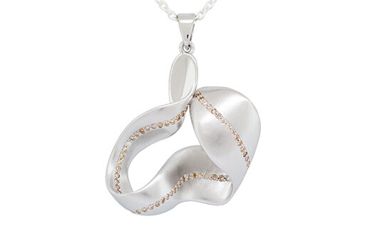 Designer coloured diamond sterling silver and rose gold contoured leaf pendant