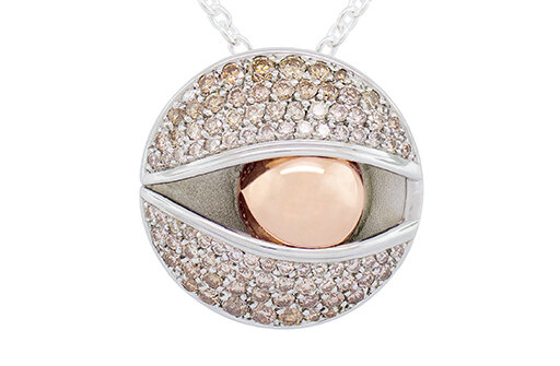 Designer coloured diamond sterling silver and rose gold detailed pendant