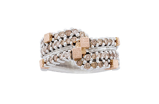 Designer coloured diamond sterling silver and rose gold ring
