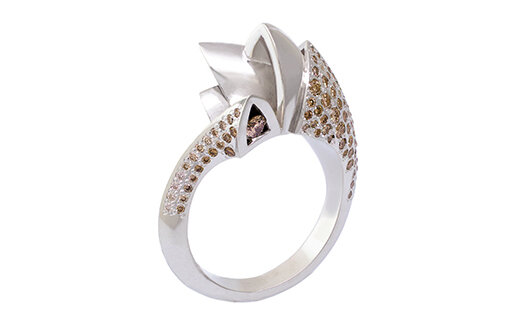 Designer coloured diamond sterling silver rose gold sweeping curve dress ring