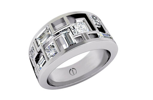 Designer multi stone princess and baguette cut diamond platinum engagement ring