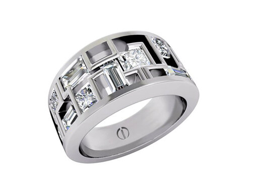 Designer multi stone princess and baguette cut diamond platinum engagement ring