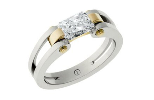 Designer radiant cut diamond platinum and gold engagement ring