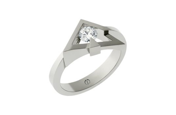 Designer round brilliant diamond angled platinum engagement ring