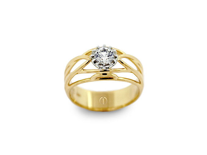 Designer round brilliant diamond yellow and white gold deco engagement ring