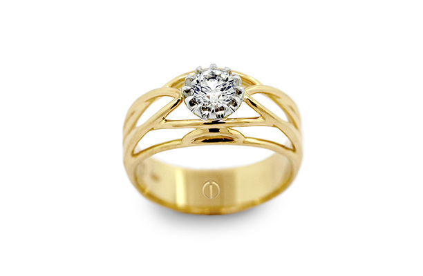 Designer round brilliant diamond yellow and white gold deco engagement ring