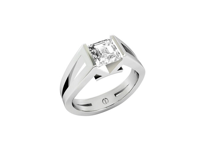 Designer tension set asscher cut diamond platinum engagement ring
