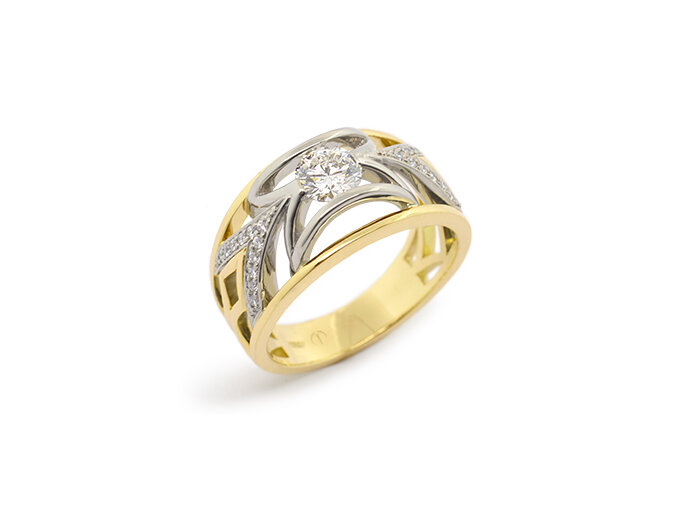 Designer yellow and white gold round brilliant diamond engagement dress ring