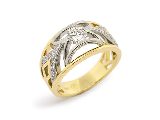 Designer yellow and white gold round brilliant diamond engagement dress ring