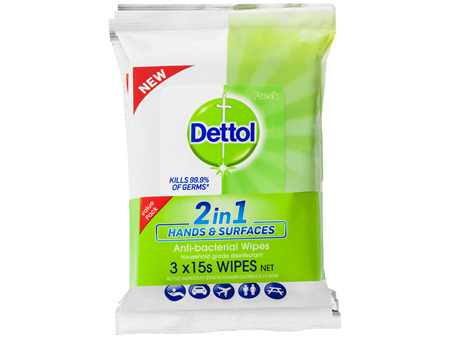 Dettol 2 in 1 Hands and Surfaces Antibacterial Wipes 3 x 15pk