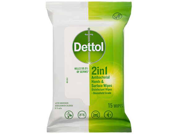 Dettol 2 in 1 Hands and Surfaces Antibacterial Wipes 15pk