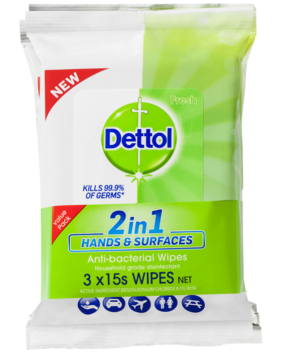 Dettol 2 in 1 Hands and Surfaces Antibacterial Wipes 3 x 15pk