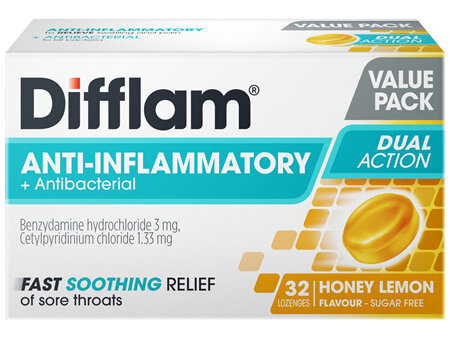 Difflam Anti-Inflammatory + Antibacterial Lozenges Honey & Lemon Flavour 32s