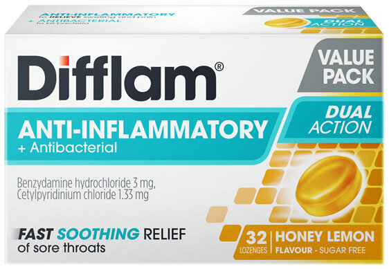 Difflam Anti-Inflammatory + Antibacterial Lozenges Honey & Lemon Flavour 32s