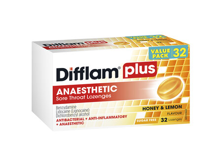Difflam Plus Anaesthetic + Anti-Inflammatory + Antibacterial Lozenges Honey & Lemon Flavour 32s