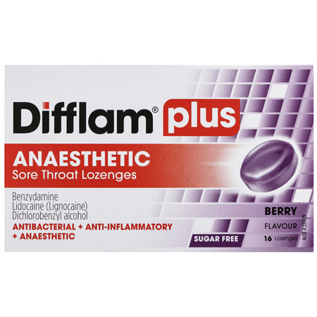 Difflam Plus Anaesthetic Sore Throat Lozenges Berry Flavour 16s