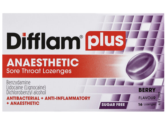 Difflam Plus Anaesthetic Sore Throat Lozenges Berry Flavour 16s