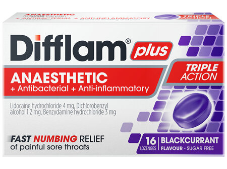 Difflam Plus Anaesthetic Sore Throat Lozenges Blackcurrant Flavour 16 Pack