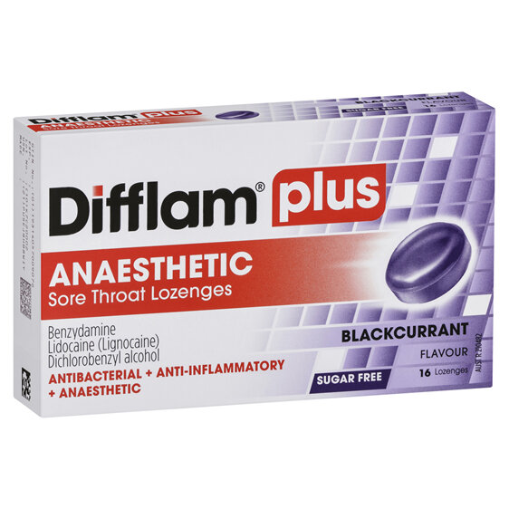 Difflam Plus Anaesthetic Sore Throat Lozenges Blackcurrant Flavour 16s