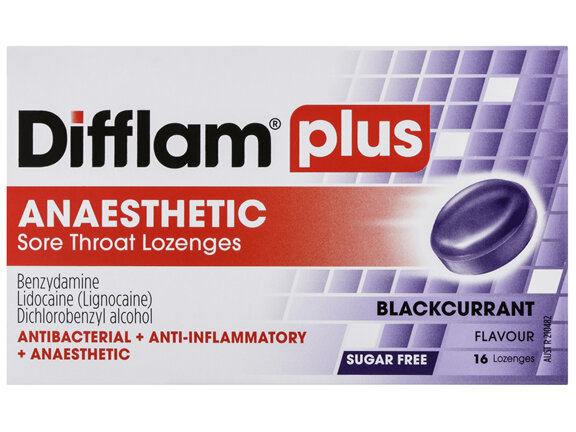 Difflam Plus Anaesthetic Sore Throat Lozenges Blackcurrant Flavour 16s