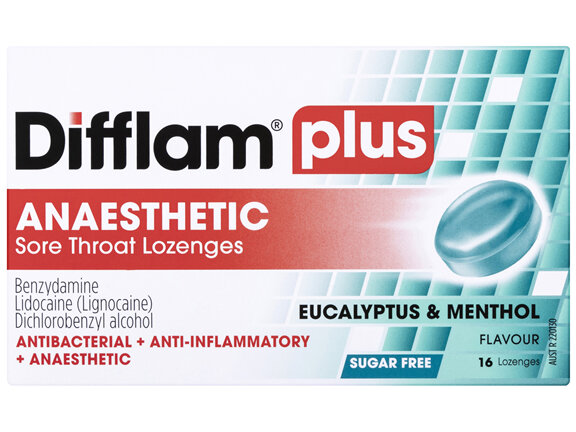 Difflam Plus Anaesthetic Sore Throat Lozenges Eucalyptus & Menthol Flavour 16s