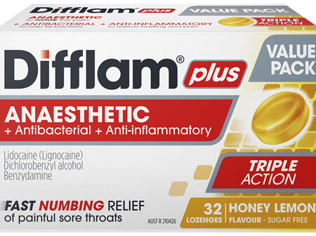 Difflam Plus Anaesthetic Sore Throat Lozenges Honey & Lemon Flavour 32 Pack