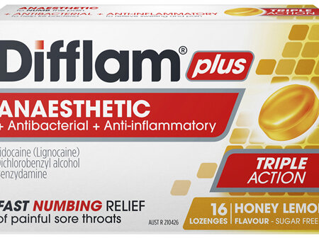 Difflam Plus Anaesthetic Sore Throat Lozenges Honey & Lemon Flavour 16s