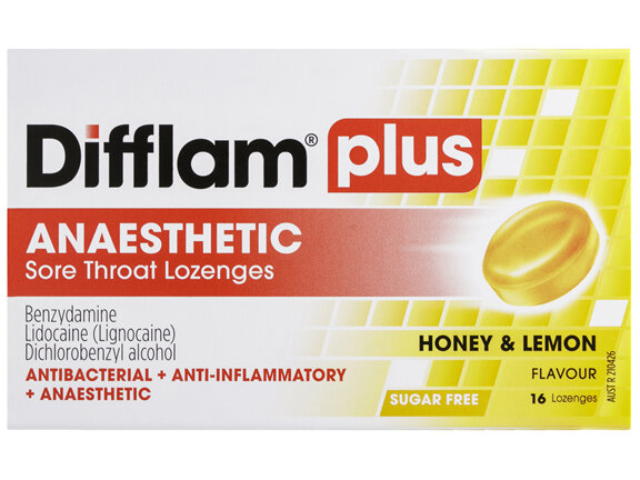 Difflam Plus Anaesthetic Sore Throat Lozenges Honey & Lemon Flavour 16s