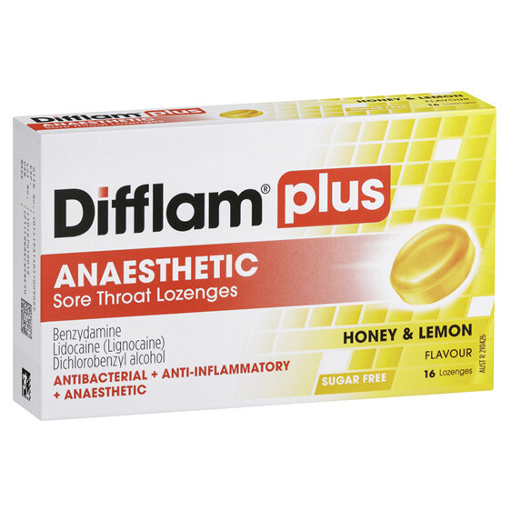 Difflam Plus Anaesthetic Sore Throat Lozenges Honey & Lemon Flavour 16s