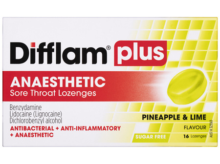Difflam Plus Anaesthetic Sore Throat Lozenges Pineapple & Lime Flavour 16s