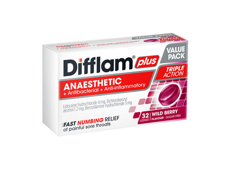 Difflam Plus Anaesthetic Sore Throat Lozenges Wild Berry 32s