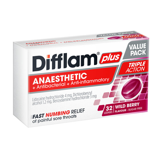 Difflam Plus Anaesthetic Sore Throat Lozenges Wild Berry 32s
