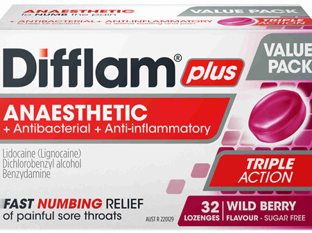 Difflam Plus Anaesthetic Sore Throat Triple Action Lozenges Berry Flavour Value Pack 32 Lozenges