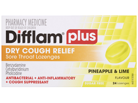 Difflam Plus Dry Cough Relief Sore Throat Lozenges Pineapple & Lime Flavour 24s