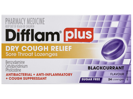 Difflam Plus Dry Cough Relief Sore Throat Lozenges Blackcurrant Flavour 24s