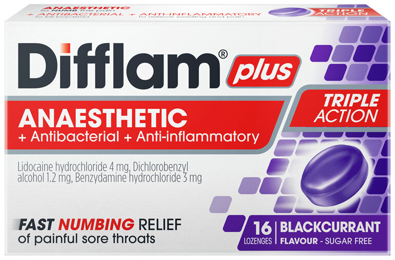 Difflam Plus Sore Throat Anaesthetic Lozenges Blackcurrant Flavour 16 Pack