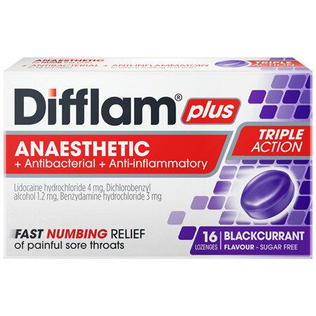 Difflam Plus Sore Throat Anaesthetic Lozenges Blackcurrant Flavour 16 Pack